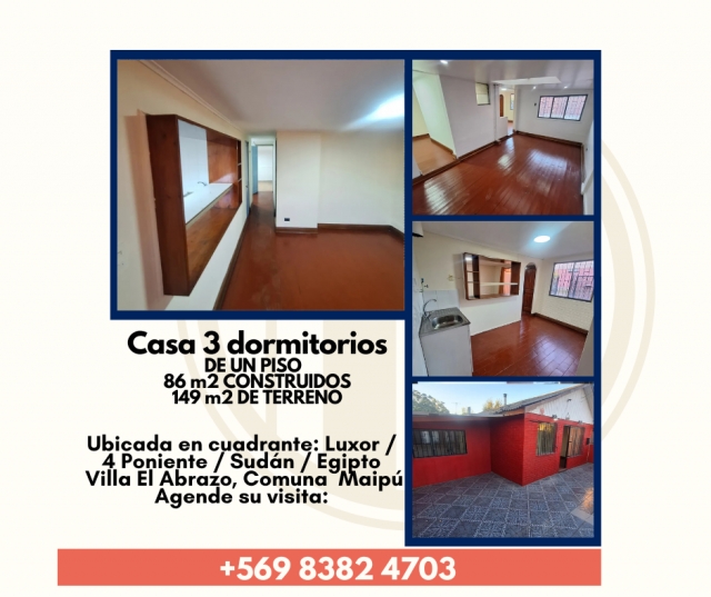 Casa de 1 piso 86/149 m2 , 3 dormitorios, Villa El Abrazo, Maipu  