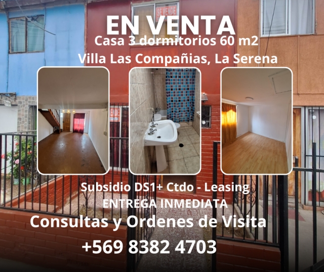 Casa 3 dormitorios, 60 m2, Volcan Miño, Villa Las Compañias, La Serena. 