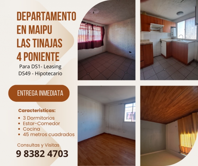 Venta depto 3 dormitorios, 45 m2, Duplex, 3er piso, Villa Javiera Carrera, Maipú,