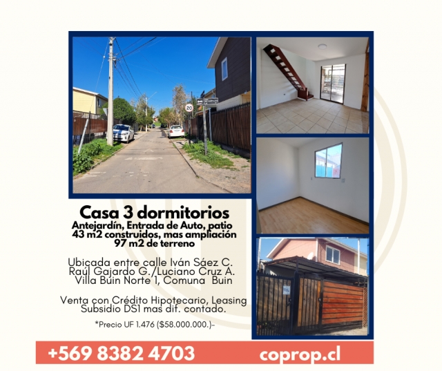 Venta de casa 3 dormitorios 97/43 m2 Villa Buin Norte, Comuna de Buin